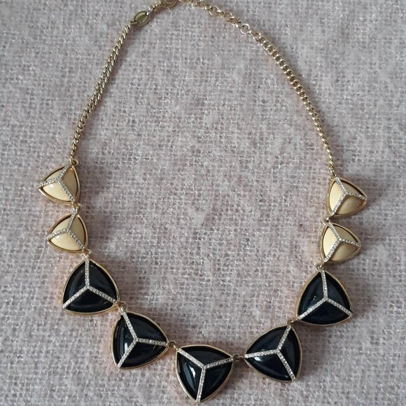 Fossil Statement Necklace, Black & Cream Triangular Stones, Gold Chain - Picture 1 of 7